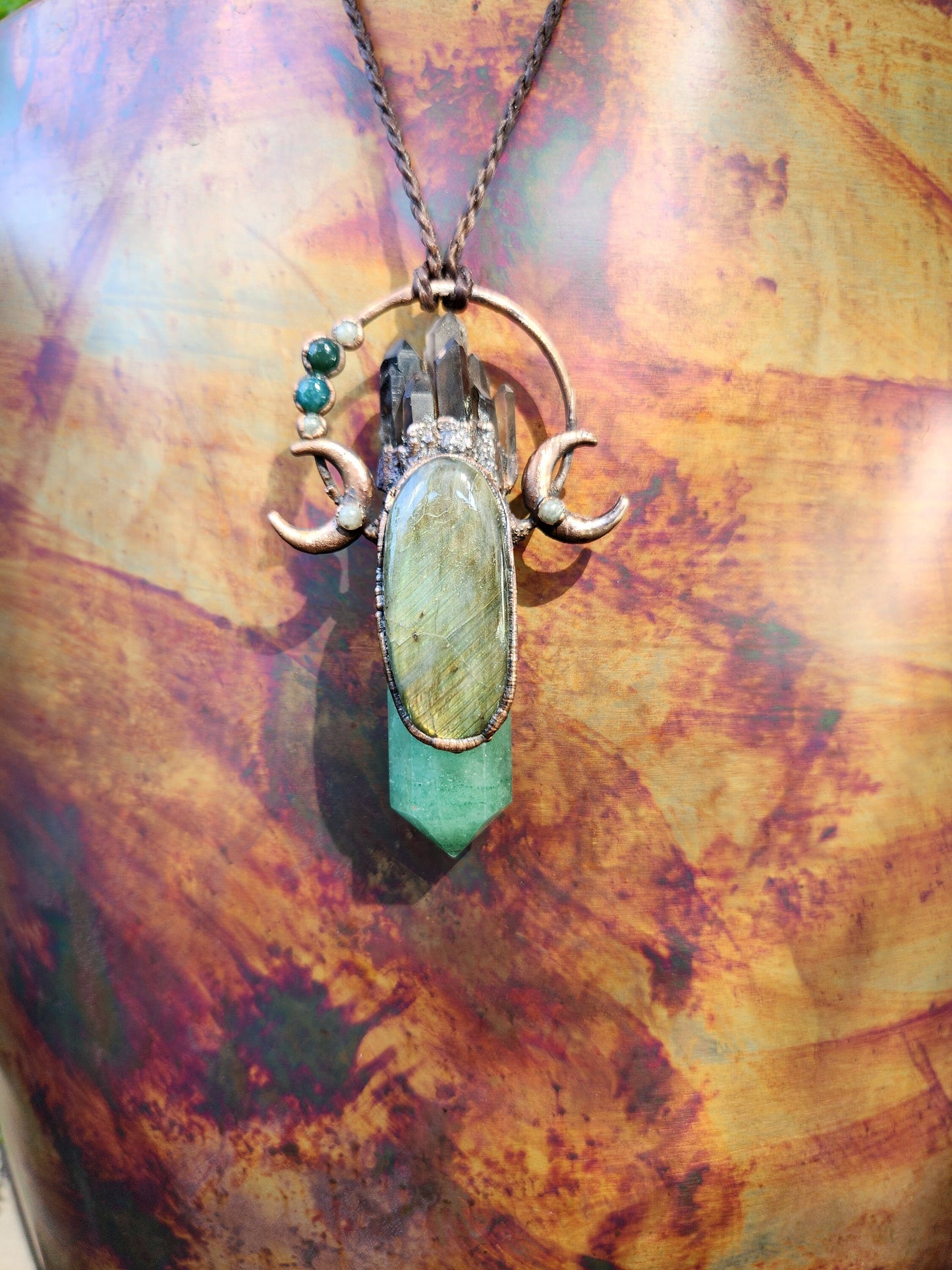 Dark Moon Rising Necklace | Green Fluorite Pendant | Smoky Quartz Pendant | Fire Labradorite | Formally Cinnamon Dreams