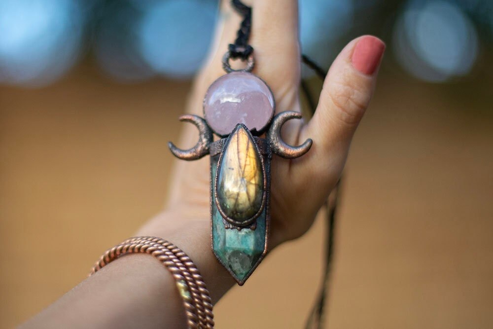 Maharaja Moon Pendant - Amazonite Crystal with Fire Labradorite and Rose Quartz Pendant