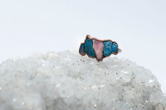 Multi-stone blue apatite and pink tourmaline ring || handmade raw crystal ring || cinnamon dreams studio collection