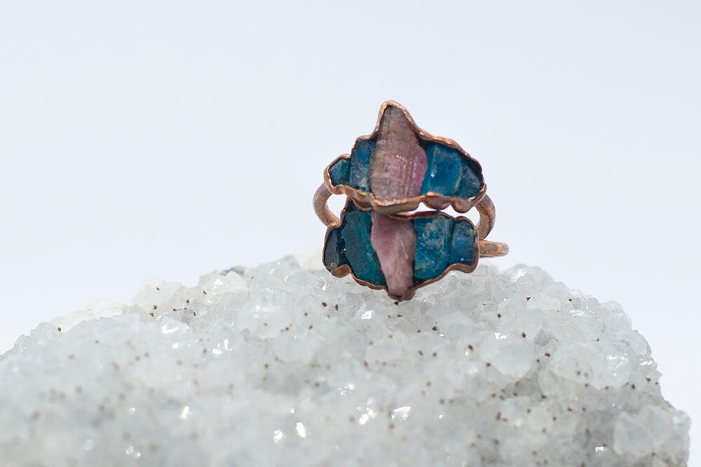 Blue Apatite and Pink Tourmaline Copper Ring | Handmade Stacker