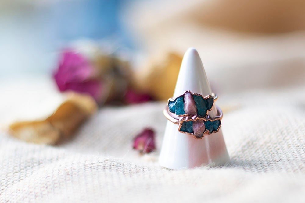 Blue Apatite and Pink Tourmaline Copper Ring | Handmade Stacker