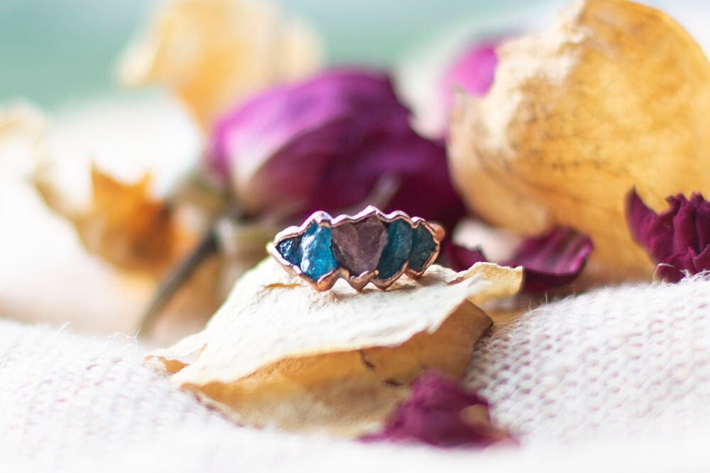 Blue Apatite and Pink Tourmaline Copper Ring | Handmade Stacker