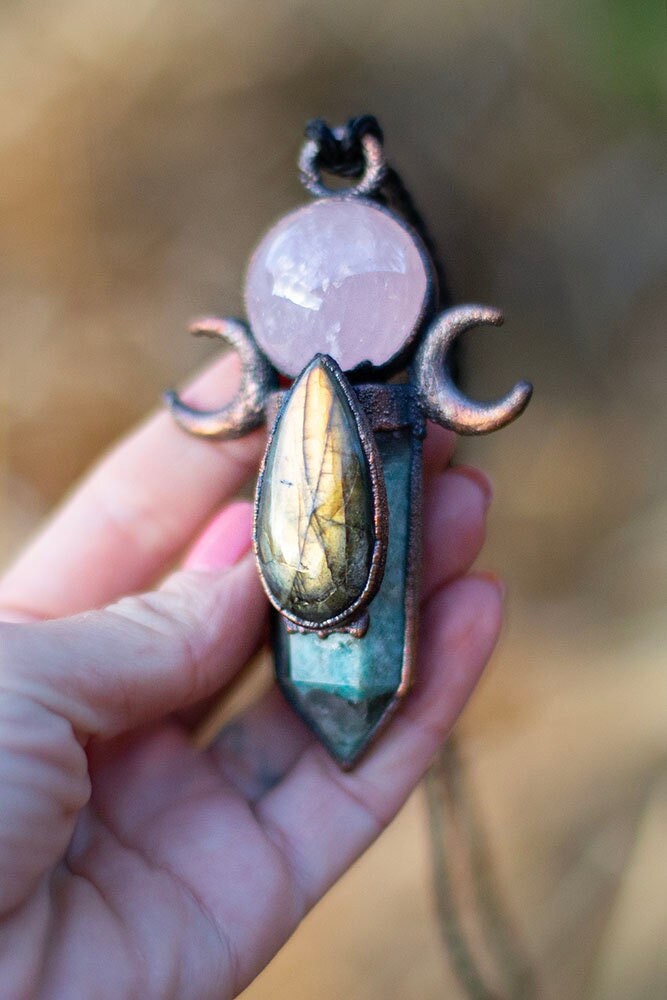 Maharaja Moon Pendant - Amazonite Crystal with Fire Labradorite and Rose Quartz Pendant