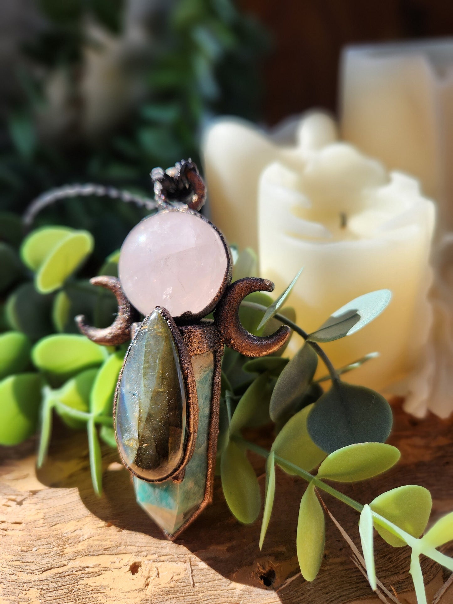Maharaja Moon Pendant - Amazonite Crystal with Fire Labradorite and Rose Quartz Pendant