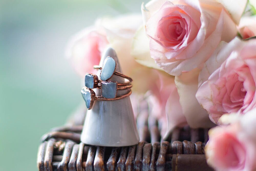 Tumbled Aquamarine Copper Stacker Ring | Handmade March Birthstone