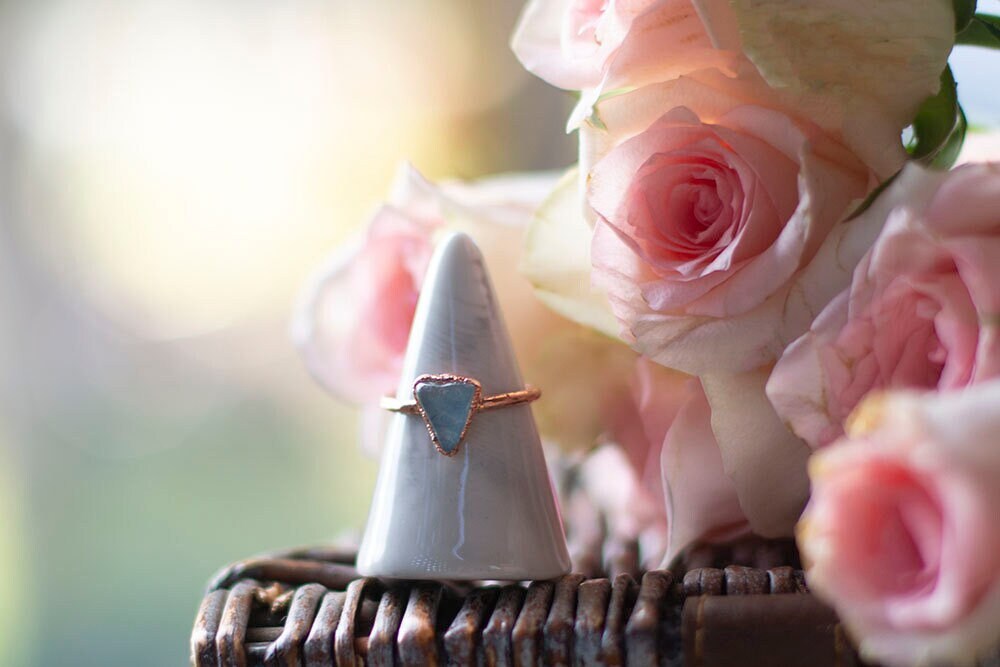Tumbled Aquamarine Copper Stacker Ring | Handmade March Birthstone