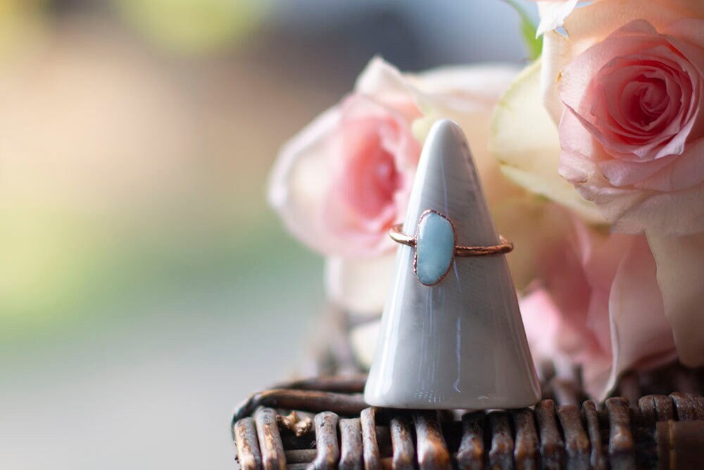 Tumbled Aquamarine Copper Stacker Ring | Handmade March Birthstone