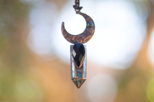 The Dark Queen Rainbow Fluorite Pendant | Black Obsidian Moon Pendant | Handmade Bohemian Crystal Necklace | Formally Cinnamon Dreams