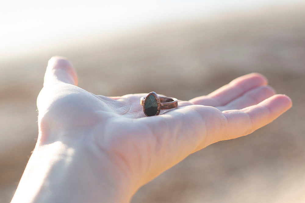 Green Opal Teardrop Copper Ring | Unique Handmade Boho Statement Ring