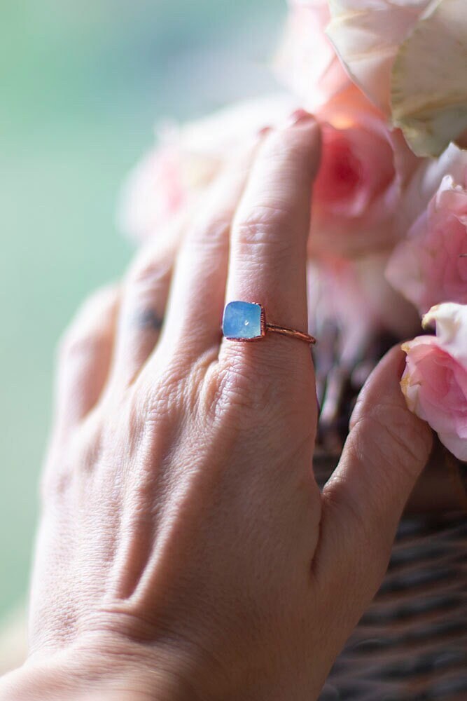 Tumbled Aquamarine Copper Stacker Ring | Handmade March Birthstone