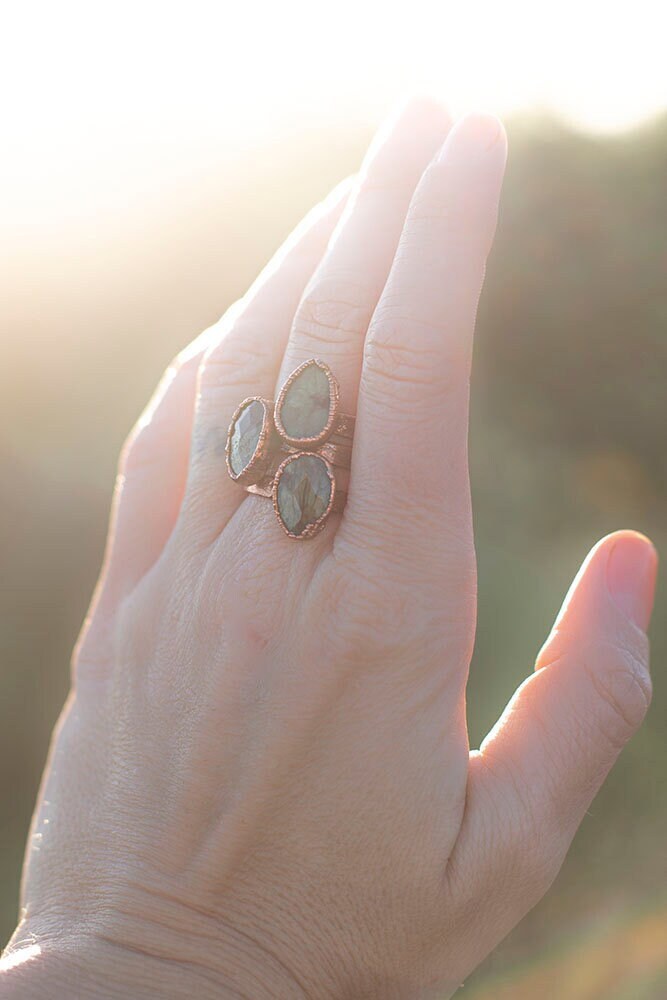 Green Opal Teardrop Copper Ring | Unique Handmade Boho Statement Ring