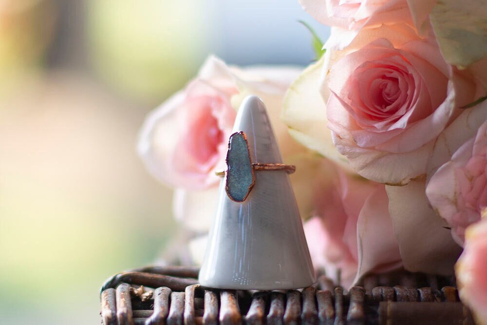 Tumbled Aquamarine Copper Stacker Ring | Handmade March Birthstone