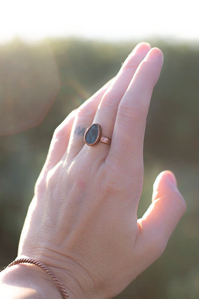 Green Opal Teardrop Copper Ring | Unique Handmade Boho Statement Ring
