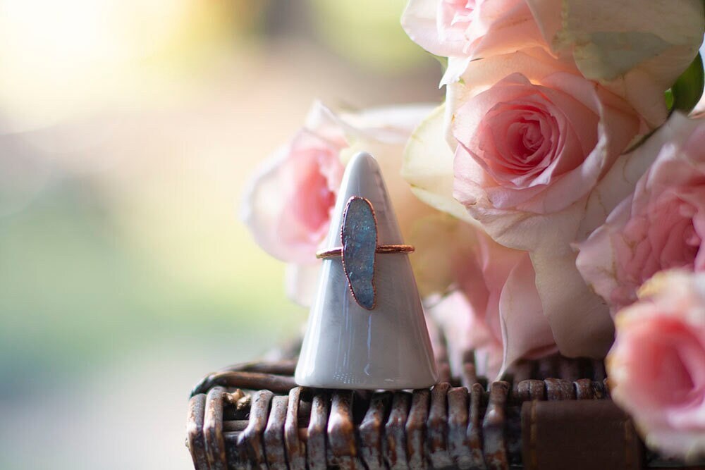 Tumbled Aquamarine Copper Stacker Ring | Handmade March Birthstone