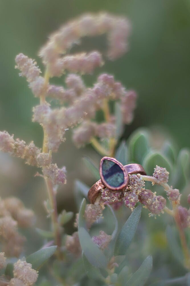 Green Opal Teardrop Copper Ring | Unique Handmade Boho Statement Ring