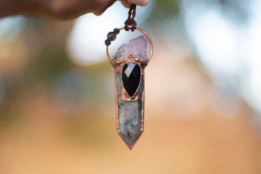 Amazonite necklace with black obsidian + lilac spirit quartz  triple amethyst || handmade bohemian crystal necklace || cinnamon dreams