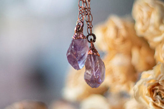 Dainty Raw Amethyst Pendant | Bohemian Crystal Necklace | Cute Amethyst Necklace With Electroformed Copper | Formally Cinnamon Dreams