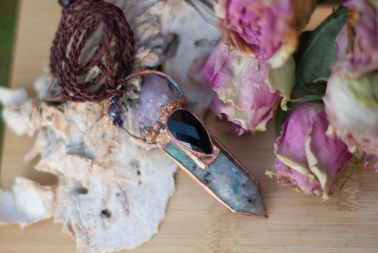 Amazonite Pendant with Black Obsidian, Spirit Quartz and Triple Amethyst