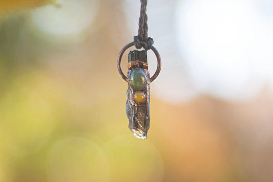 Raw smoky quartz necklace with green onyx and yellow  jade || electroformed necklace || handmade crystal jewelry