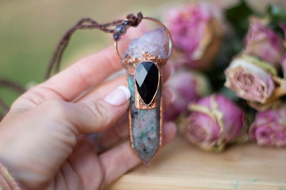 Amazonite Pendant with Black Obsidian, Spirit Quartz and Triple Amethyst