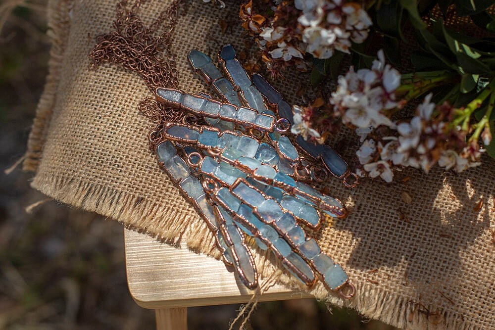 Aquamarine Copper Necklace | March Birthstone Pendant | Boho Crystal Jewellery