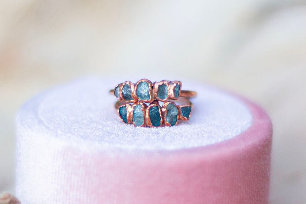 Pale & Dark Blue Apatite Copper Stacker Ring | Handmade Ring