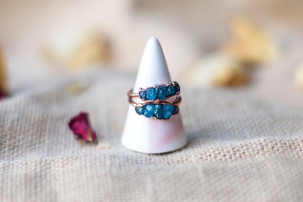 Dark Blue Apatite Copper Ring | Unique Handmade Stacker Ring Australia