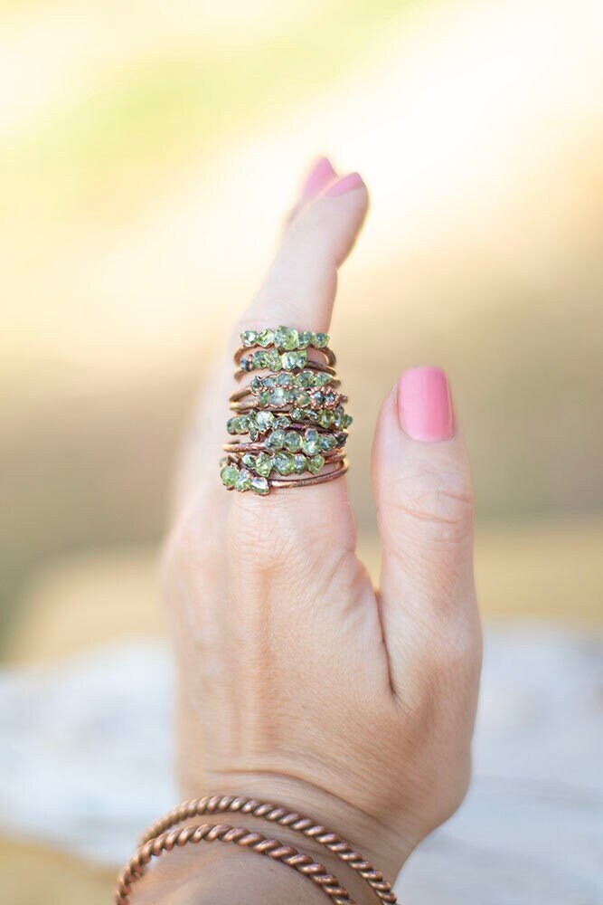 Green Peridot Copper Stacker Ring | Handmade August Birthstone Ring