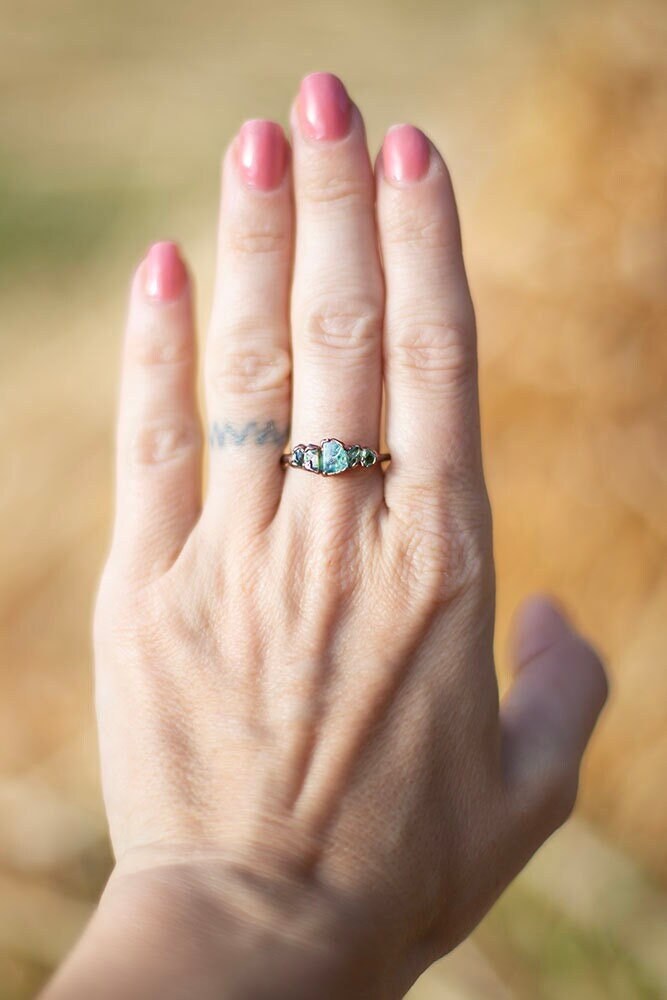 Blue Apatite & Peridot Copper Ring | Handmade Multi-Stone Stacker Ring