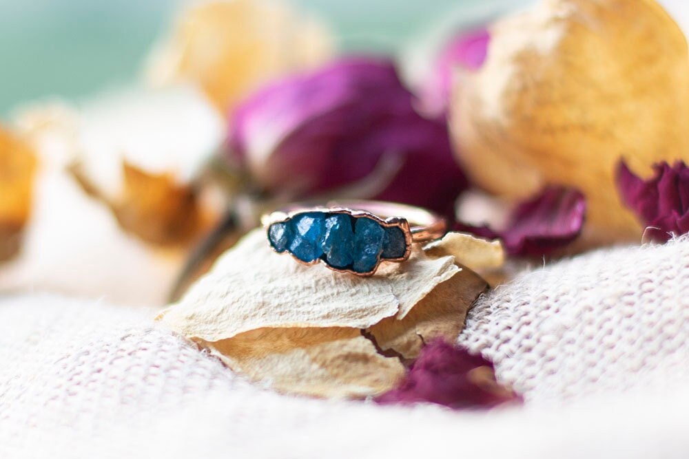 Dark Blue Apatite Copper Ring | Unique Handmade Stacker Ring Australia