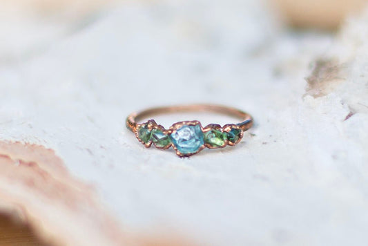 Multistone blue apatite ring with green peridot | handmade bohemian crystal stacker ring | stacking ring