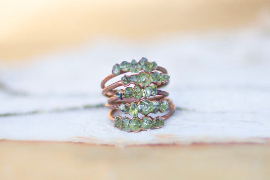 Multistone Green Peridot || Handmade Bohemian Jewelry |  Copper Stacking Rings | Green Stone Ring | August Birthstone