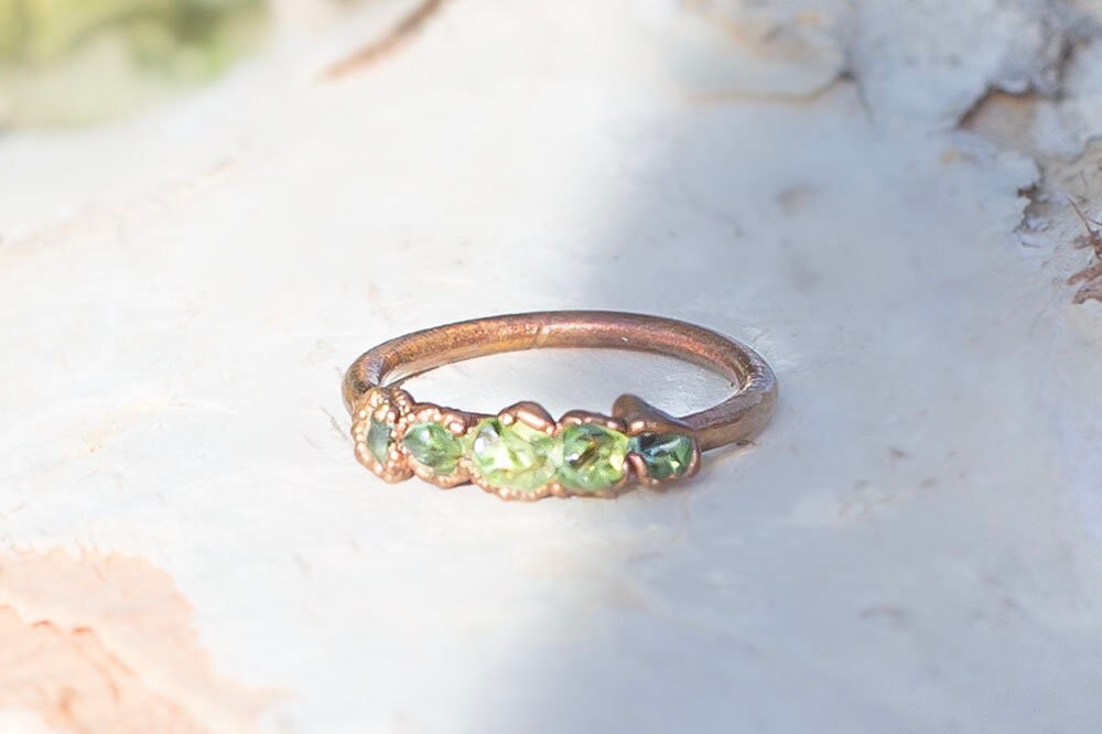 Green Peridot Copper Stacker Ring | Handmade August Birthstone Ring