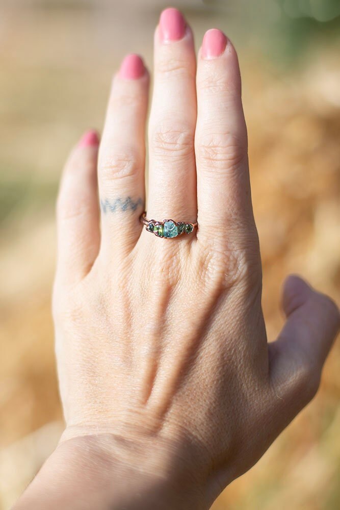 Blue Apatite & Peridot Copper Ring | Handmade Multi-Stone Stacker Ring