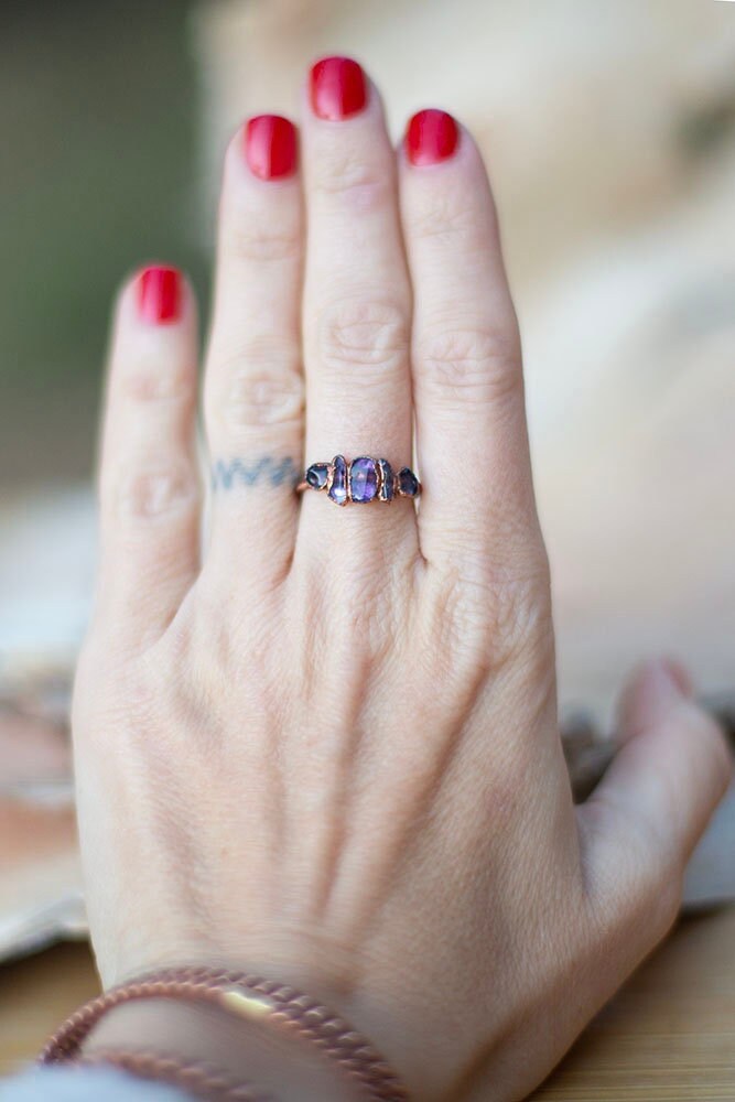 Multi-Stone Amethyst Copper Ring | Handmade Stacking Crystal Ring