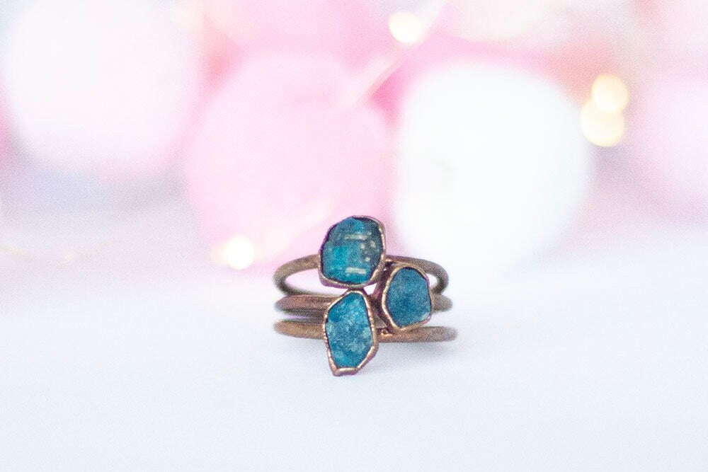 Raw Blue Apatite Copper Stacker Ring | Handmade Boho Crystal Ring