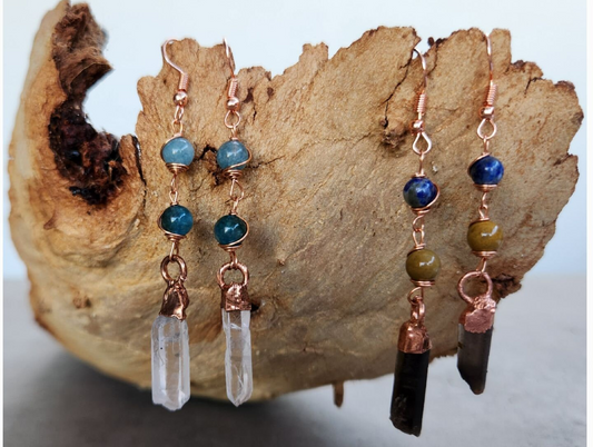 Gemstone & Crystal Point Earrings | Dainty Dangly Copper-Wired Stone Earrings | Boho Handmade Jewellery