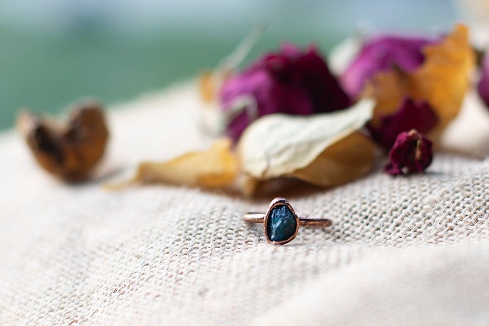 Raw Blue Apatite Copper Stacker Ring | Handmade Boho Crystal Ring