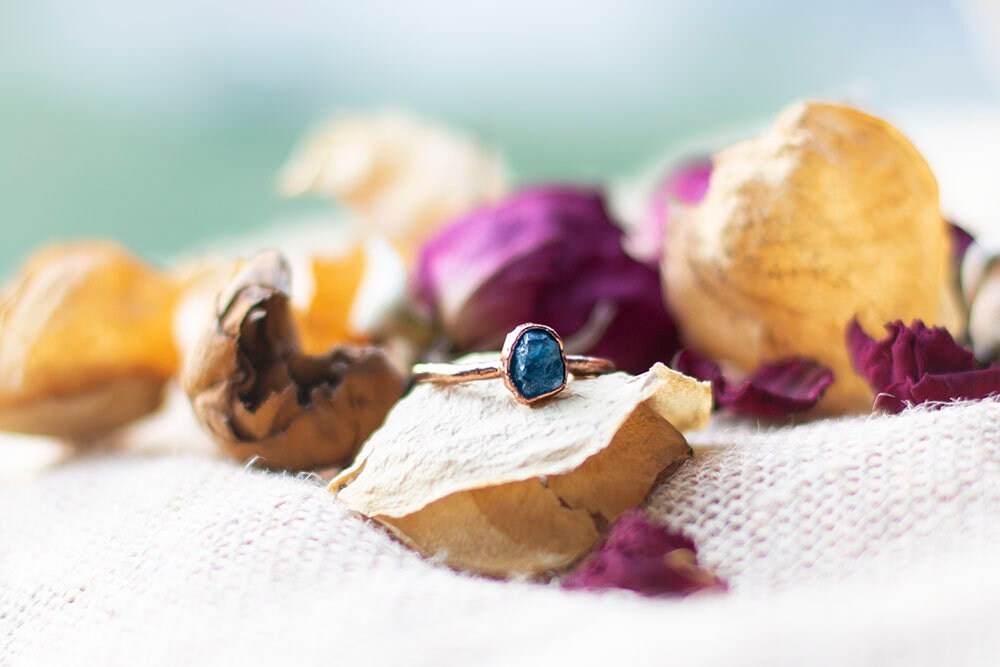 Raw Blue Apatite Copper Stacker Ring | Handmade Boho Crystal Ring