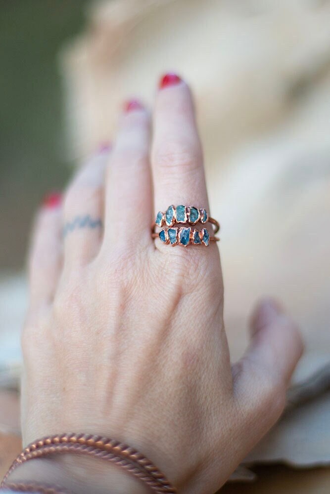 Pale Blue Apatite Copper Stacker Ring | Handmade Crystal Ring