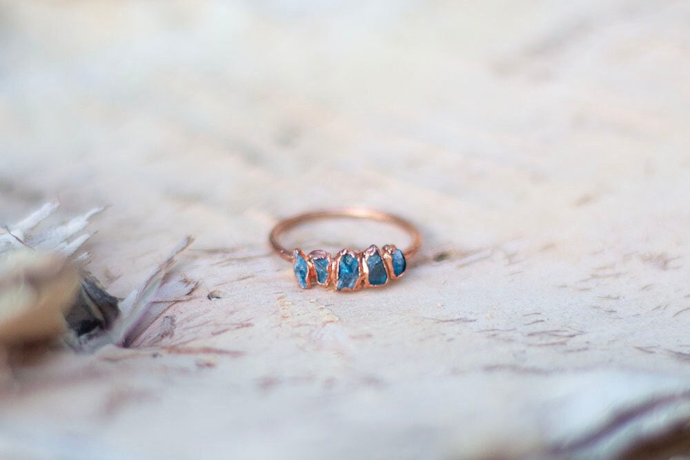 Pale Blue Apatite Copper Stacker Ring | Handmade Crystal Ring