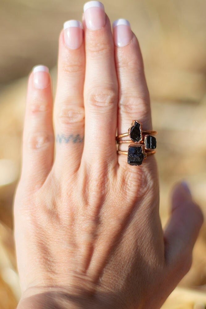 Raw Black Tourmaline Copper Stacker Ring | Handmade Protection Ring