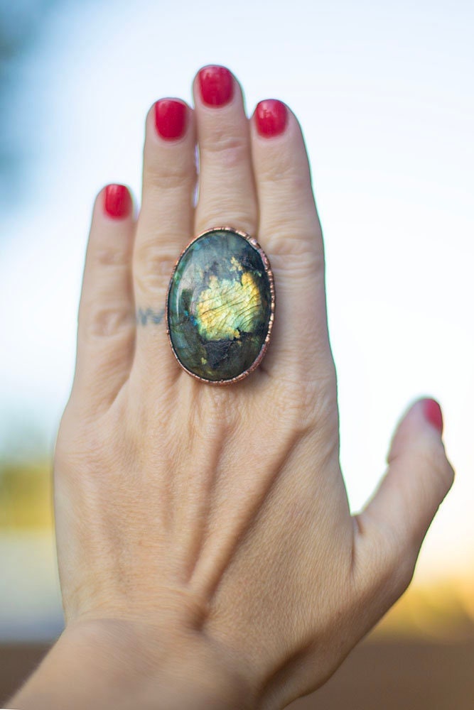 Blue Fire Labradorite Ring | Handmade Copper Statement Ring