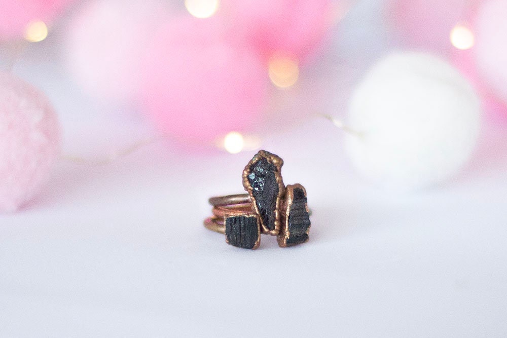 Raw Black Tourmaline Copper Stacker Ring | Handmade Protection Ring