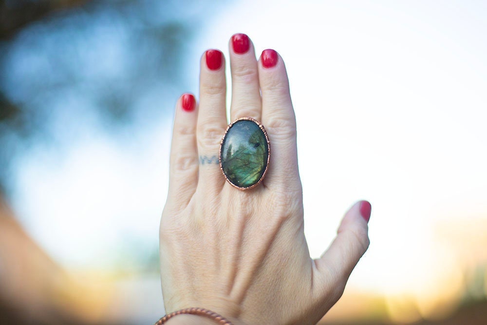 Blue Fire Labradorite Ring | Handmade Copper Statement Ring
