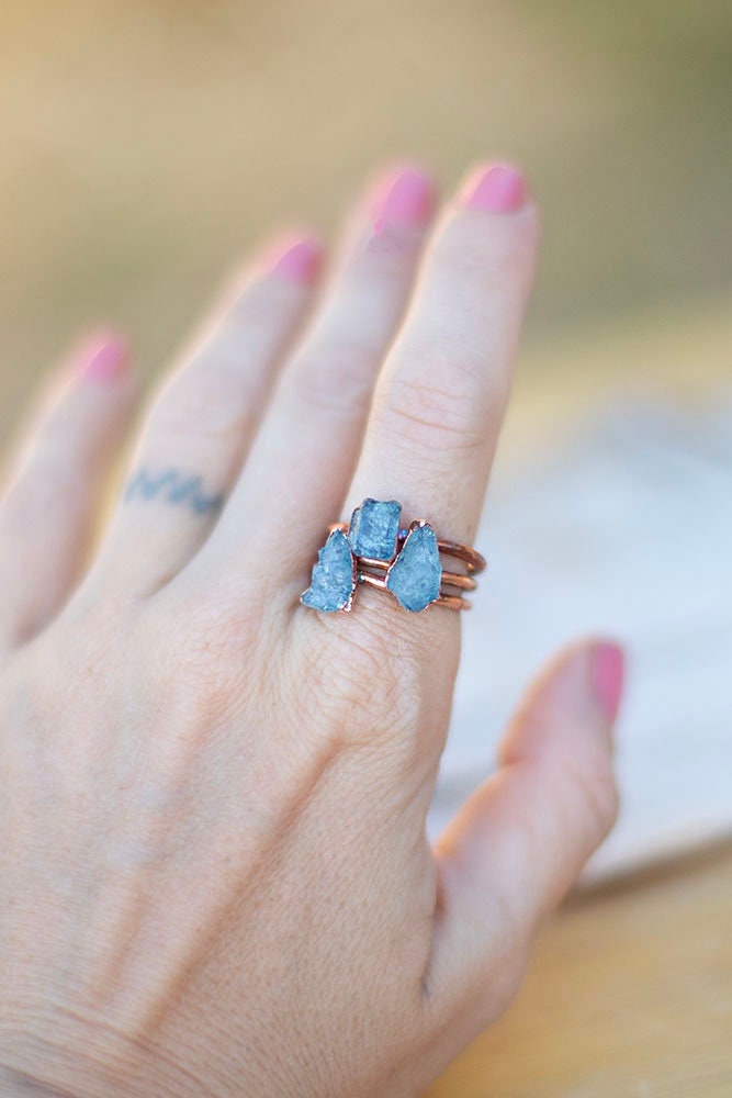Raw Aquamarine Copper Stacker Ring | March Birthstone Ring