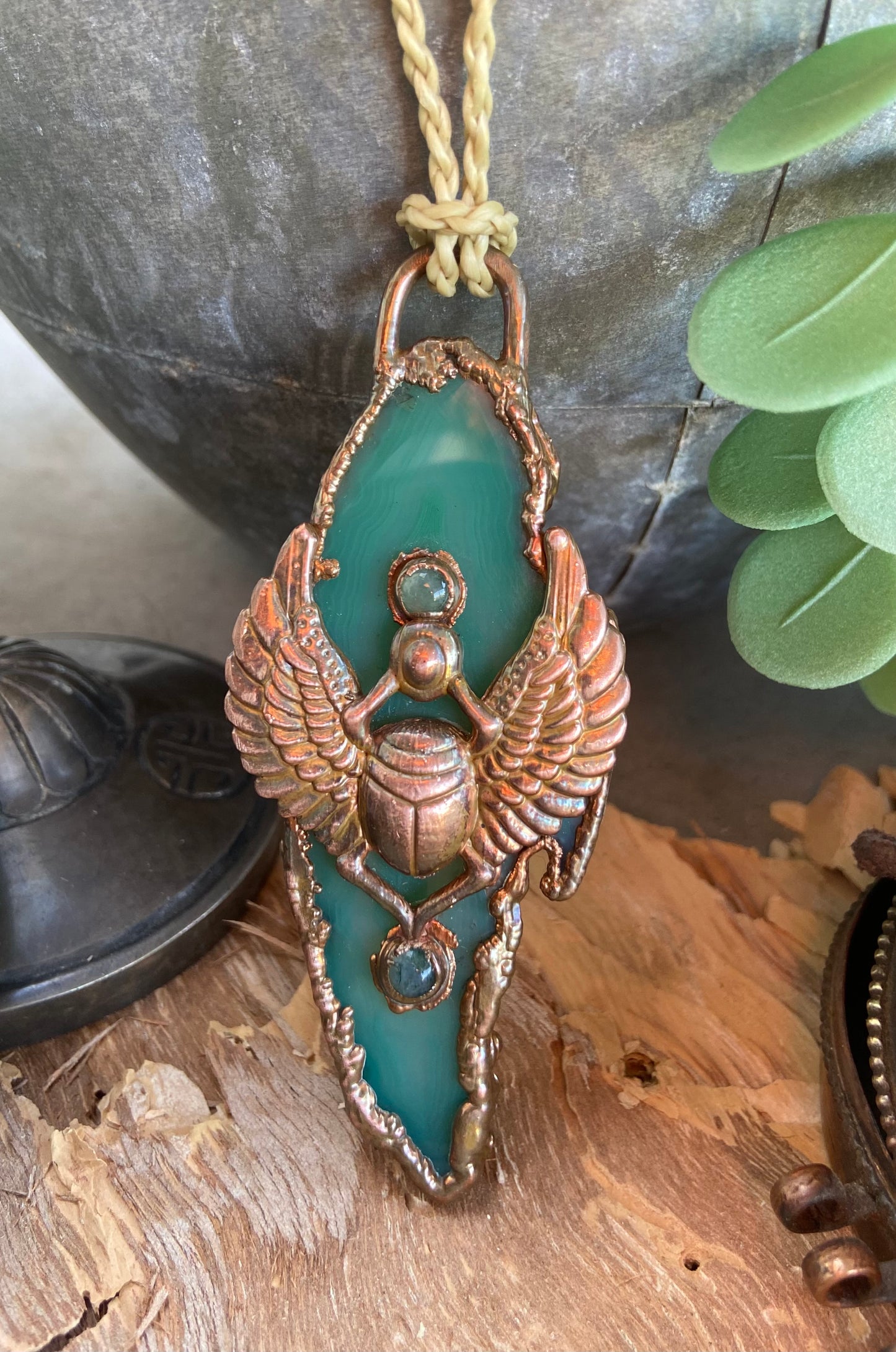 Green Agate Scarab Pendant | Handmade Egyptian Crystal Necklace