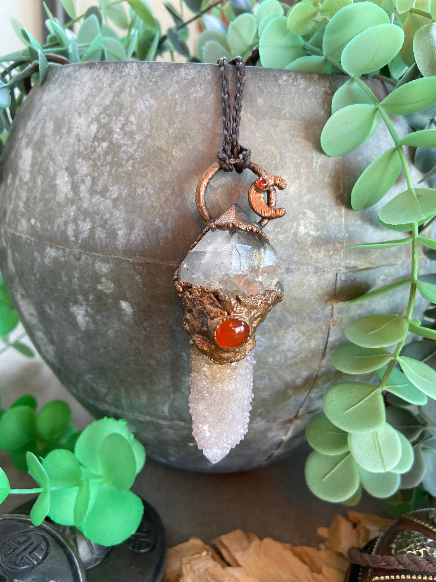 Spirit Moon Pendant | Smoky Quartz, Amethyst Spirit Quartz & Carnelian