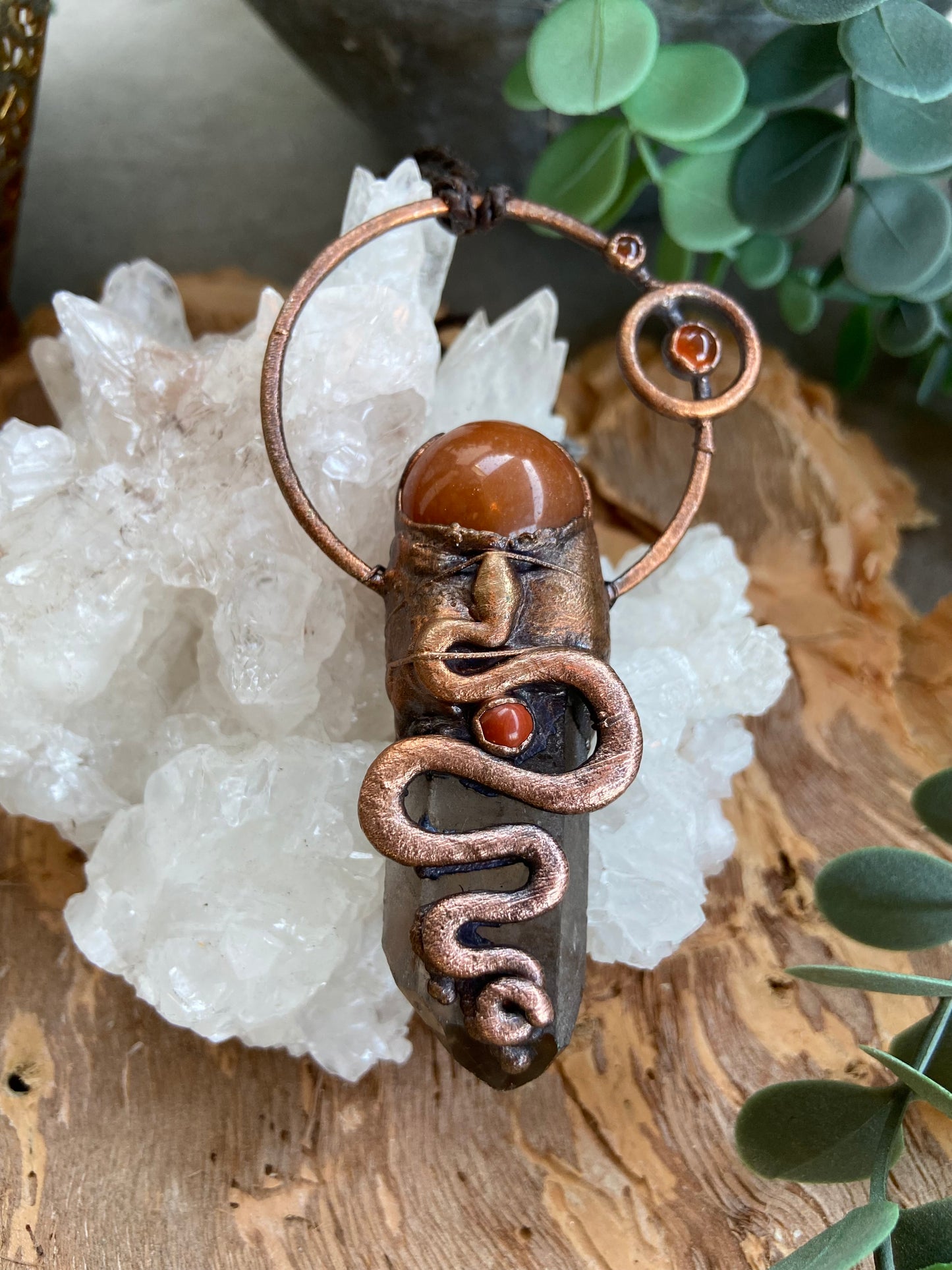 Snake Charm Pendant | Smoky Quartz & Carnelian | Kundalini Energy
