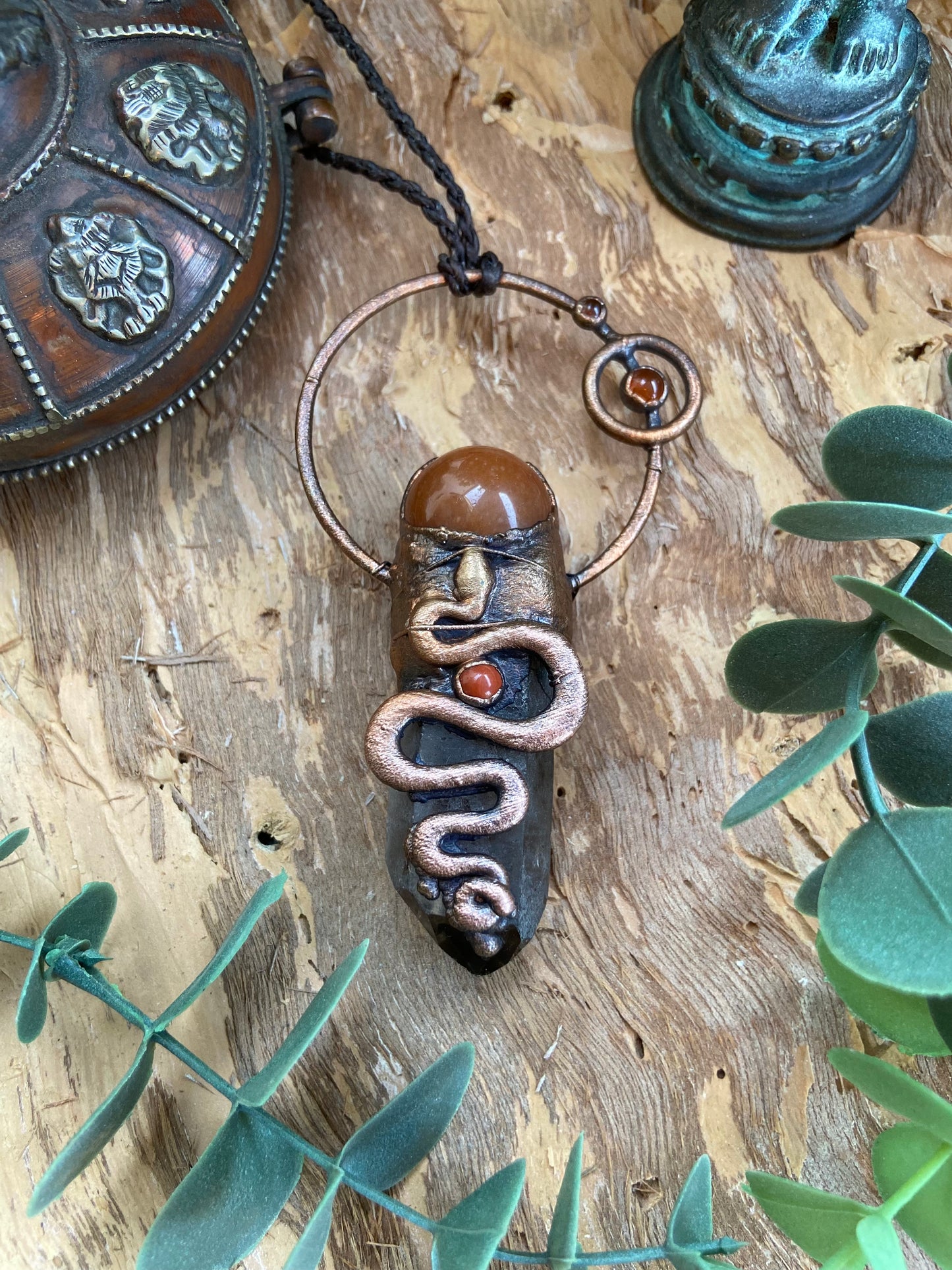 Snake Charm Pendant | Smoky Quartz & Carnelian | Kundalini Energy
